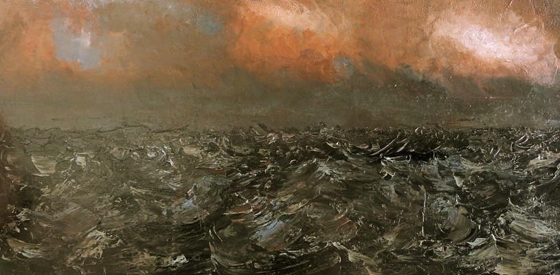 Accrylic painting of storm on ocean.